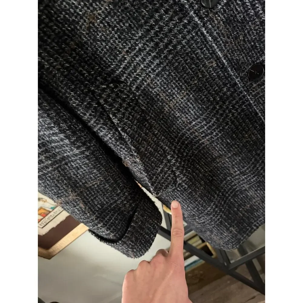 J.Crew Thompson Coat Mens 44 Gray Black Plaid Wool Blend Tweed Overcoat Lined